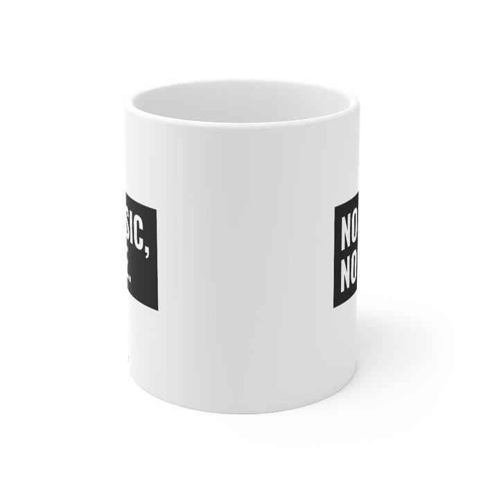 Music Lover's Essential Mug: white, black music theme, minimal typography style
