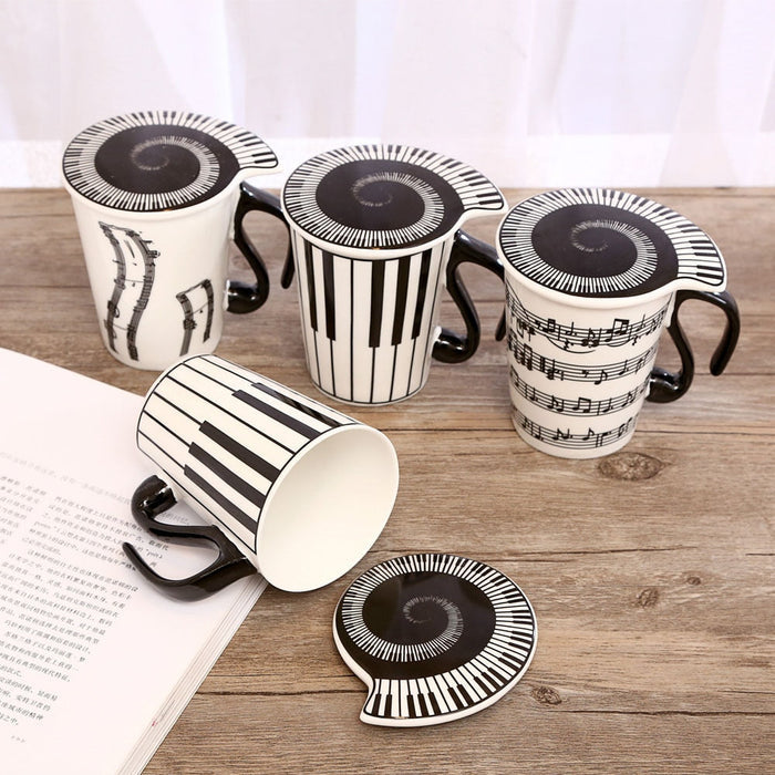 Musical Inspiration Ceramic Coffee Mug with Piano Lid: cream white, black musical notation theme, music-themed graphic style