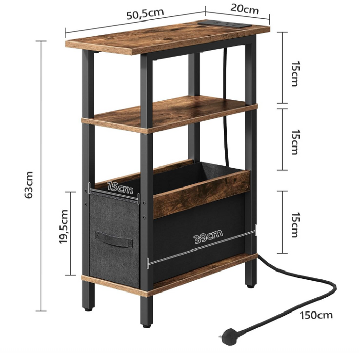 Narrow Side Table with Charging Station 3 Tier Slim End Table Storage Rustic-115