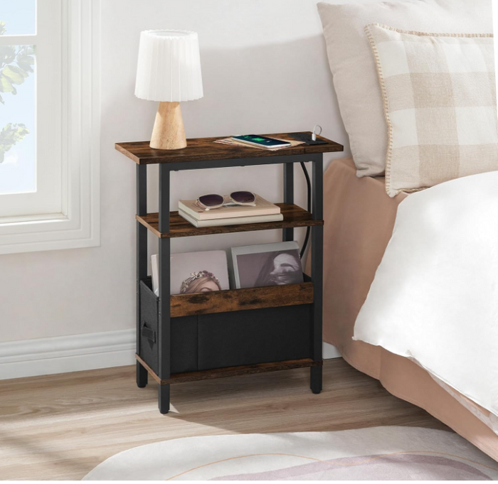 Narrow Side Table with Charging Station 3 Tier Slim End Table Storage Rustic-115