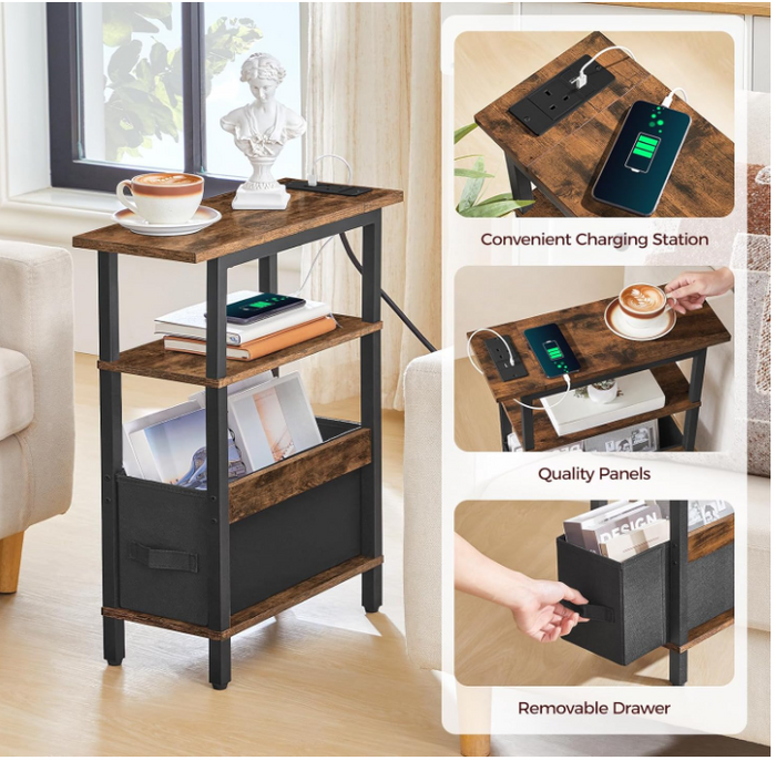 Narrow Side Table with Charging Station 3 Tier Slim End Table Storage Rustic-115