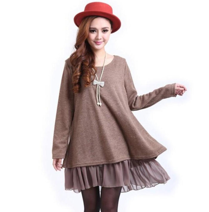 Navy Blue Layered Sweater Tunic Dress with Ruffle Detail for Women: dark navy blue long-sleeve layered tunic dress/top, minim