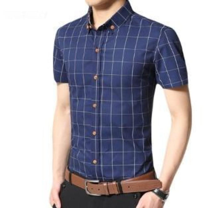 Navy Checkered Short Sleeve Button-Up Shirt for Men: navy blue, white short-sleeve button-up shirt, casual smart style