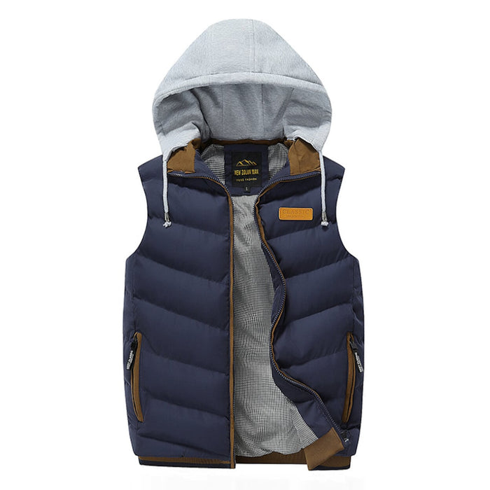 Navy Men's Vest with Detachable Puffer Hood for Winter: navy blue, gray hooded puffer vest, casual sporty style