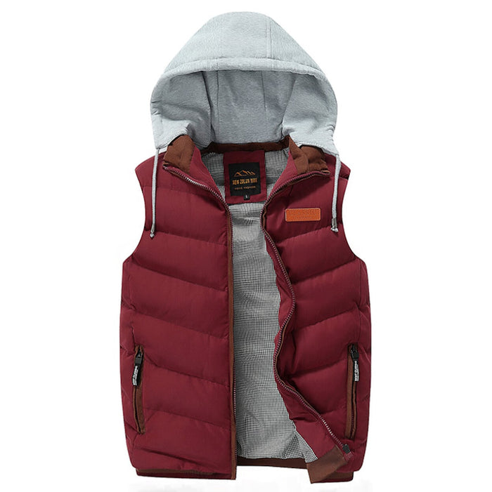 Navy Men's Vest with Detachable Puffer Hood for Winter: navy blue, gray hooded puffer vest, casual sporty style