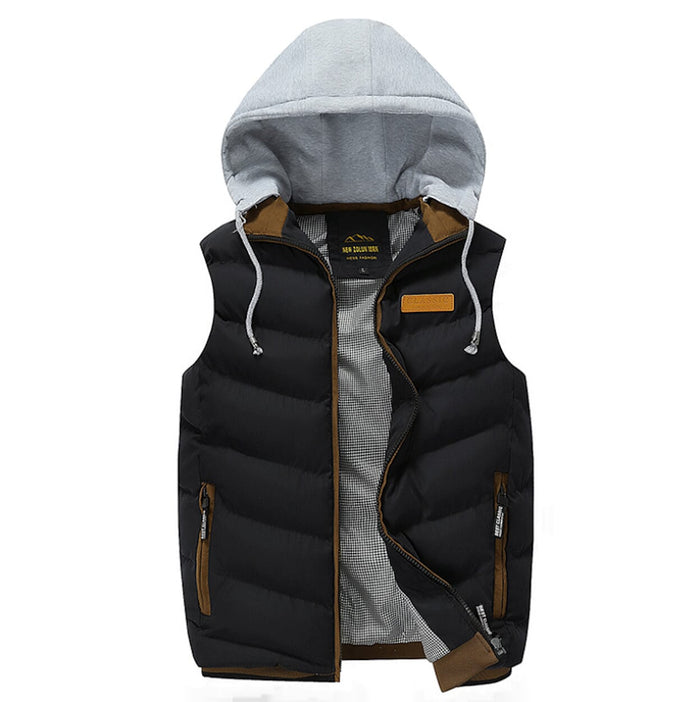 Navy Men's Vest with Detachable Puffer Hood for Winter: navy blue, gray hooded puffer vest, casual sporty style