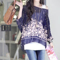 Navy Oversized Batwing Top for Women: dark navy blue, white women's blouse/top, feminine floral style