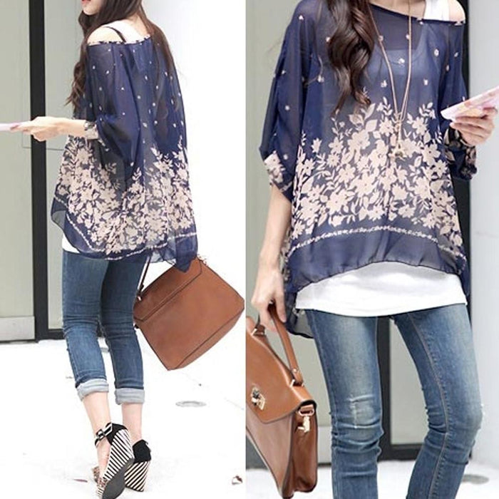 Navy Oversized Batwing Top for Women: dark navy blue, white women's blouse/top, feminine floral style