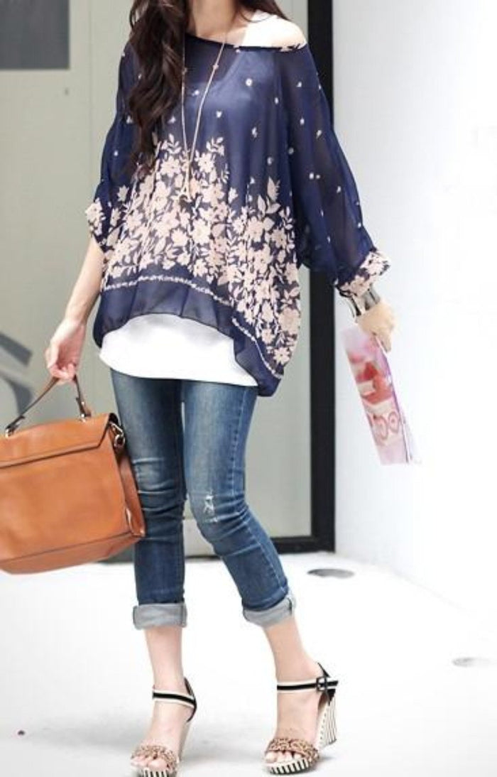 Navy Oversized Batwing Top for Women: dark navy blue, white women's blouse/top, feminine floral style