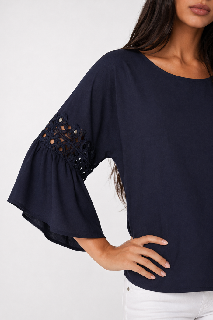 Navy Top with Ruffle Sleeves for Women's Casual Wear Default