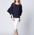 Navy Top with Ruffle Sleeves for Women's Casual Wear: dark navy blue women's blouse/top, minimal feminine style