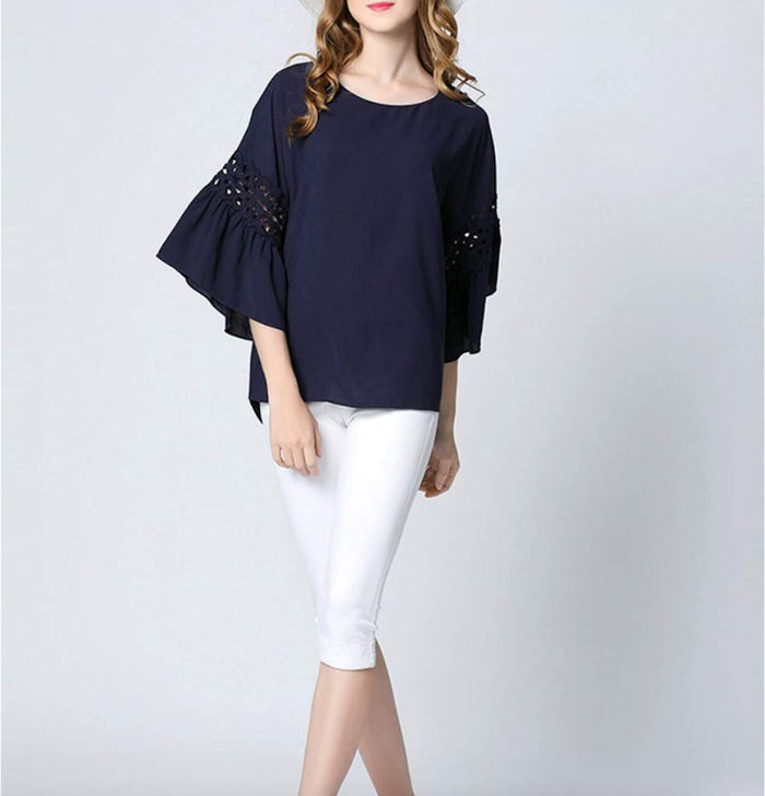 Navy Top with Ruffle Sleeves for Women's Casual Wear: dark navy blue women's blouse/top, minimal feminine style