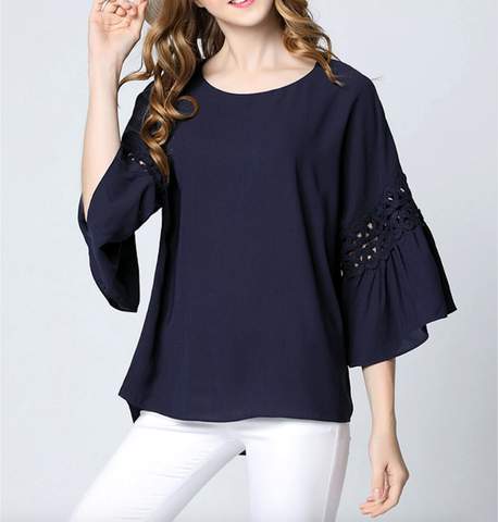 Navy Top with Ruffle Sleeves for Women's Casual Wear: dark navy blue women's blouse/top, minimal feminine style