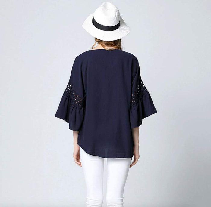 Navy Top with Ruffle Sleeves for Women's Casual Wear: dark navy blue women's blouse/top, minimal feminine style