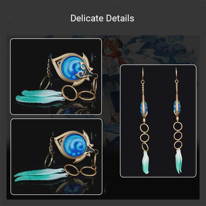 Nilou Vision Keychain: Genshin Impact Charm: gold, blue Hydro Vision themed design, fantasy game-inspired, ornate style