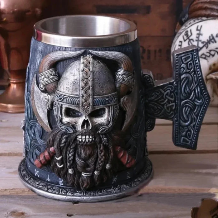 Norse Brew and Java Tankard: silver, dark gray Viking skull/warrior theme, fantasy Viking, gothic, highly detailed style