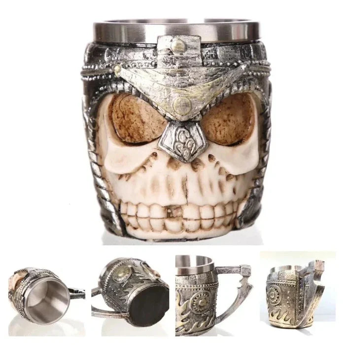 Norse Brew and Java Tankard: silver, dark gray Viking skull/warrior theme, fantasy Viking, gothic, highly detailed style