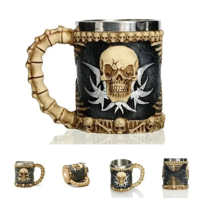 Norse Brew and Java Tankard: silver, dark gray Viking skull/warrior theme, fantasy Viking, gothic, highly detailed style