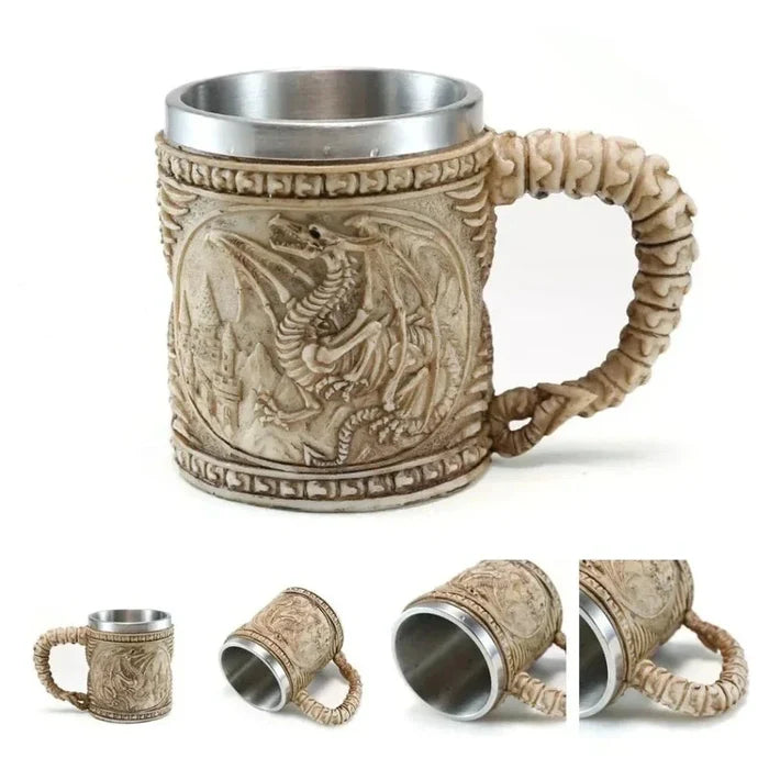Norse Brew and Java Tankard: silver, dark gray Viking skull/warrior theme, fantasy Viking, gothic, highly detailed style