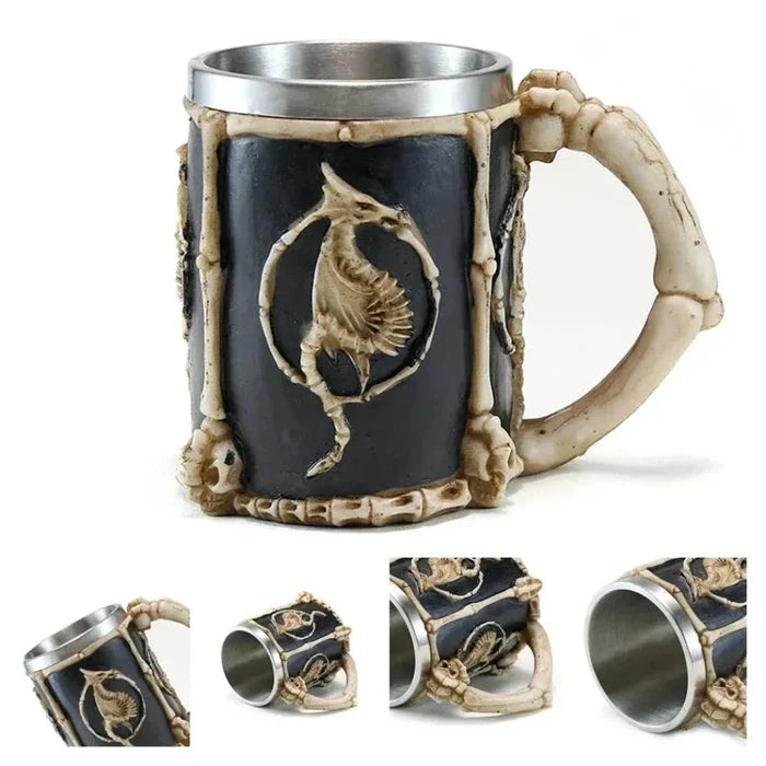 Norse Brew and Java Tankard: silver, dark gray Viking skull/warrior theme, fantasy Viking, gothic, highly detailed style