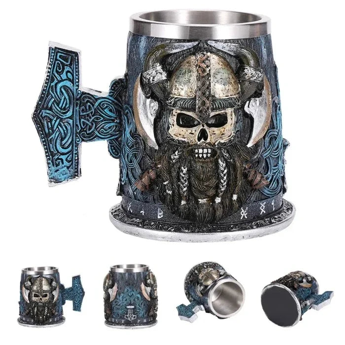 Norse Brew and Java Tankard: silver, dark gray Viking skull/warrior theme, fantasy Viking, gothic, highly detailed style