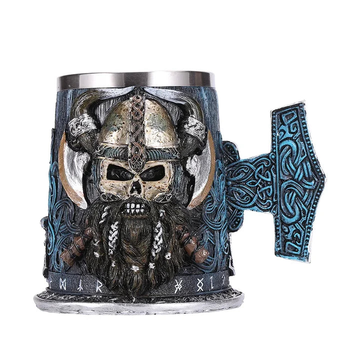 Norse Brew and Java Tankard: silver, dark gray Viking skull/warrior theme, fantasy Viking, gothic, highly detailed style