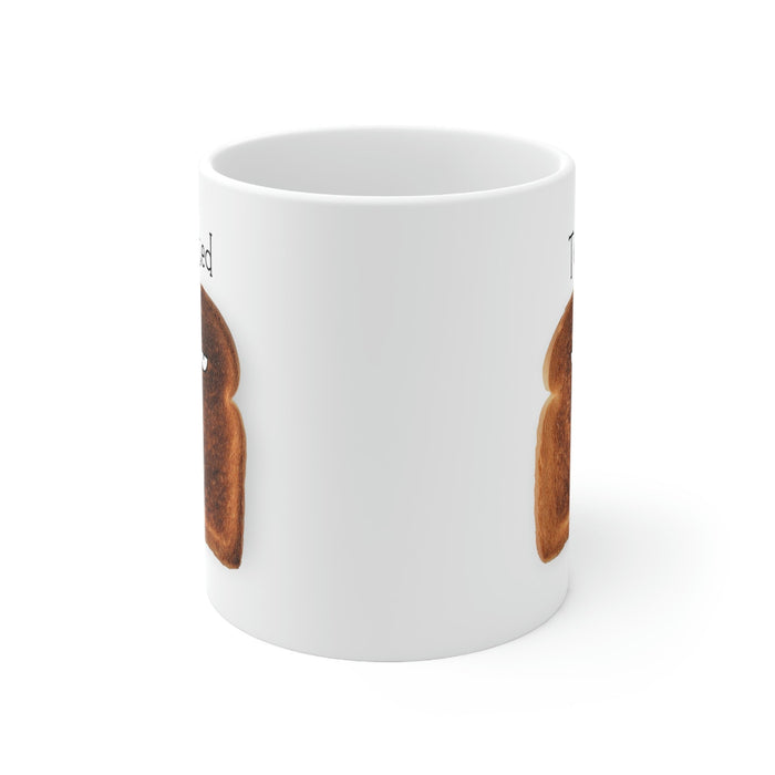 Novelty Mug, Toast That's Burnt: white, brown cartoon toasted bread slice, cartoon, minimalist style