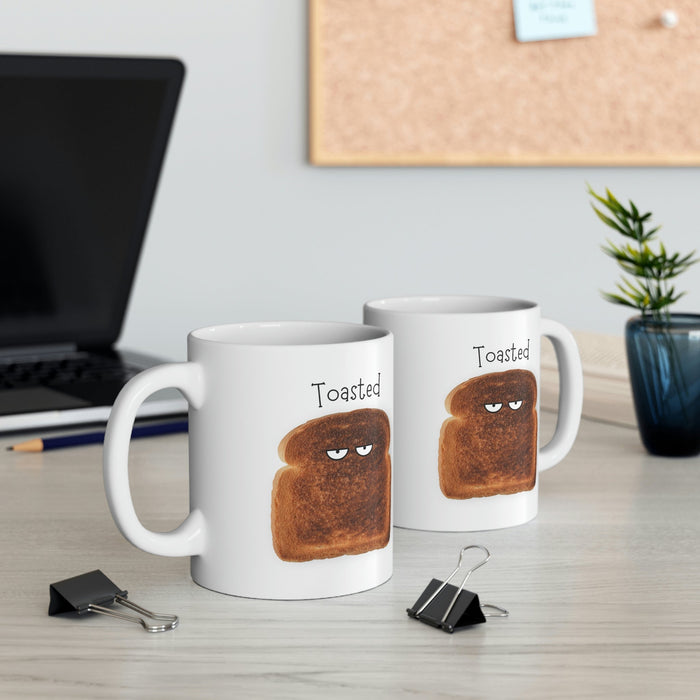 Novelty Mug, Toast That's Burnt: white, brown cartoon toasted bread slice, cartoon, minimalist style