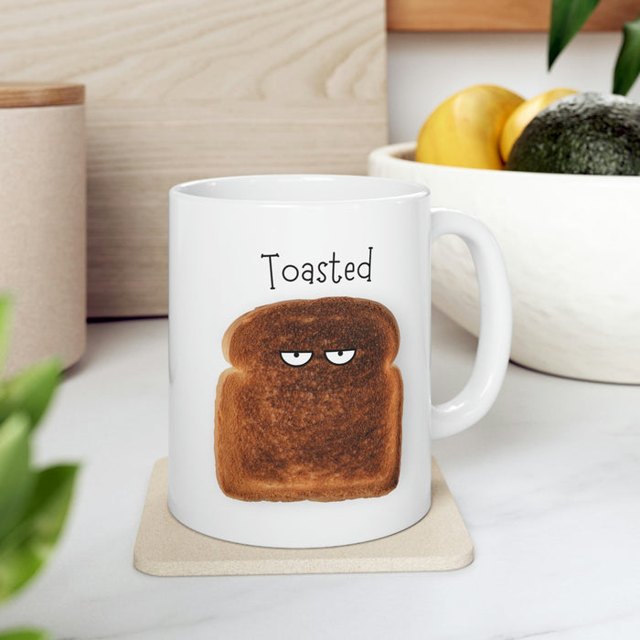 Novelty Mug, Toast That's Burnt: white, brown cartoon toasted bread slice, cartoon, minimalist style