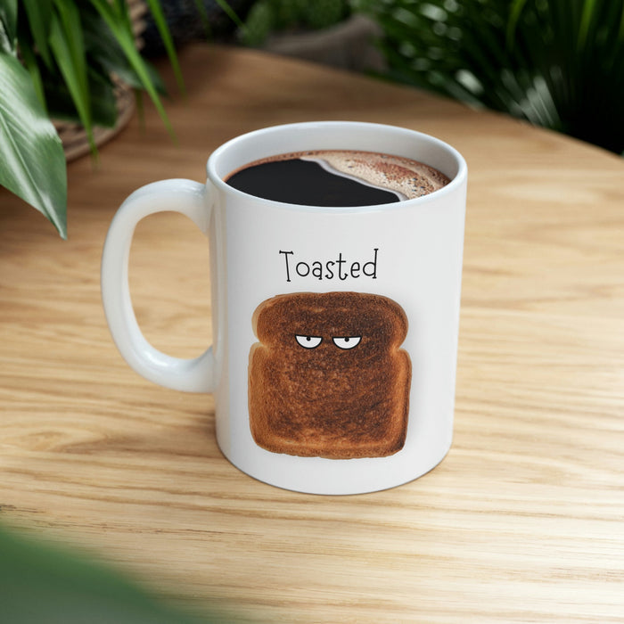Novelty Mug, Toast That's Burnt: white, brown cartoon toasted bread slice, cartoon, minimalist style