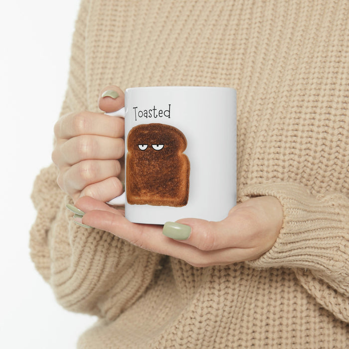 Novelty Mug, Toast That's Burnt: white, brown cartoon toasted bread slice, cartoon, minimalist style