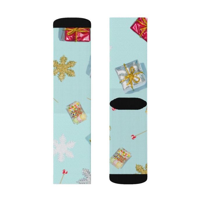 Novelty Socks for the Holiday Season: light aqua blue, black cocktail drinks and floral motifs, playful illustrated style