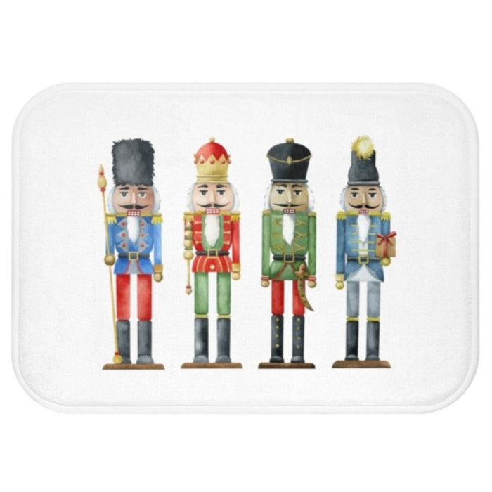 Nutcracker Toy Soldiers Bath Mat, Enhance Your Home Décor with Holiday Accents: white, blue four nutcracker soldiers, cartoon