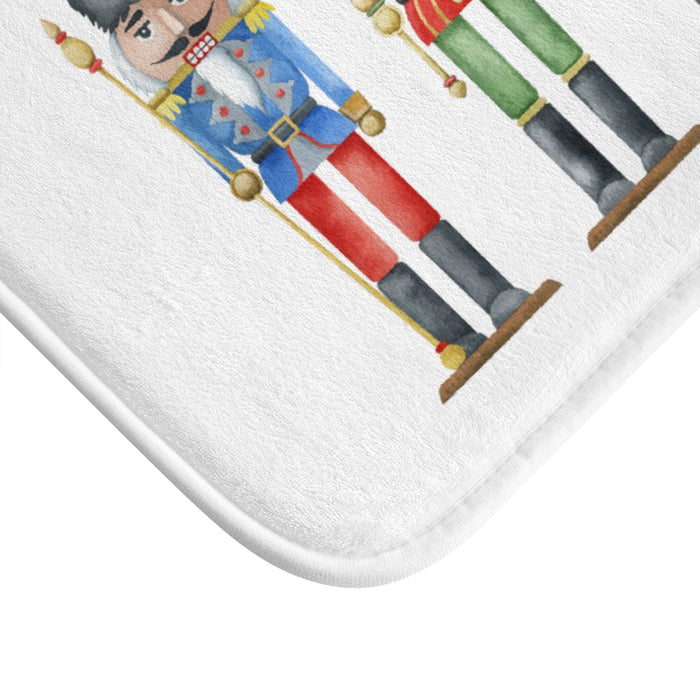 Nutcracker Toy Soldiers Bath Mat, Enhance Your Home Décor with Holiday Accents: white, blue four nutcracker soldiers, cartoon