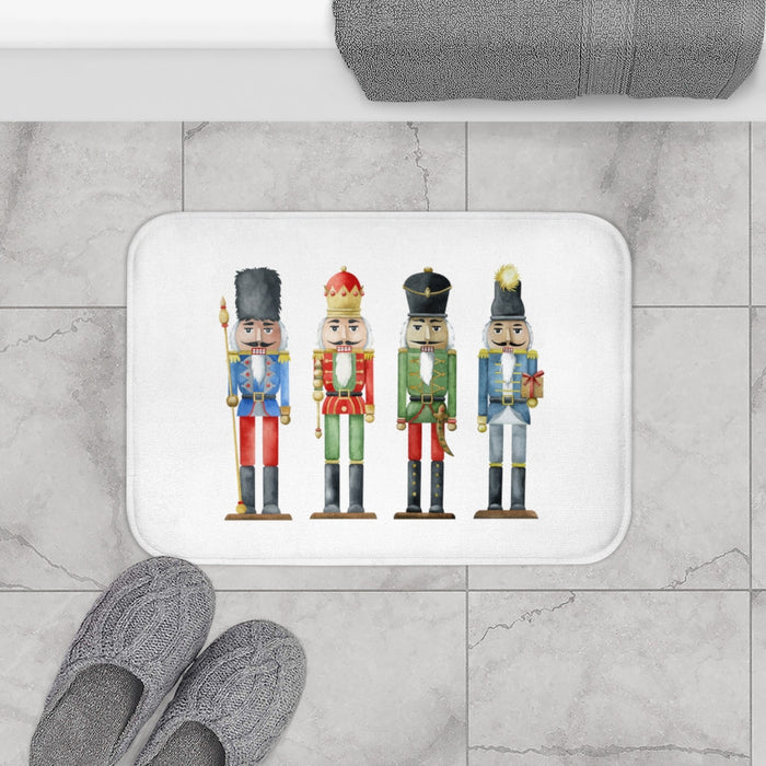Nutcracker Toy Soldiers Bath Mat, Enhance Your Home Décor with Holiday Accents: white, blue four nutcracker soldiers, cartoon