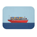 Ocean Cargo Ship and Containers Bath Mat: light blue, dark blue cargo ship, minimal cartoon style