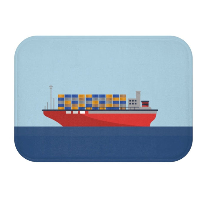 Ocean Cargo Ship and Containers Bath Mat: light blue, dark blue cargo ship, minimal cartoon style