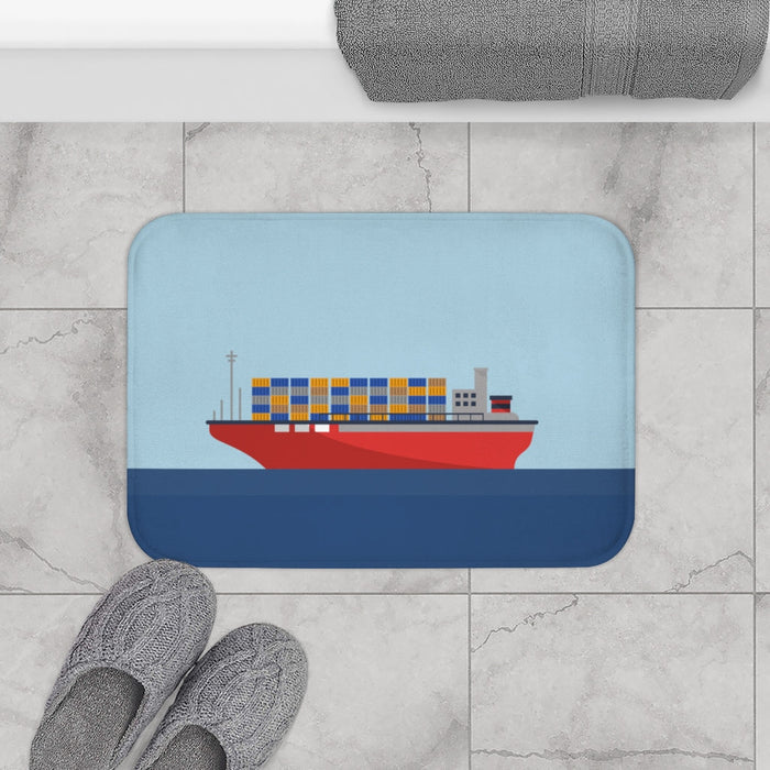 Ocean Cargo Ship and Containers Bath Mat: light blue, dark blue cargo ship, minimal cartoon style