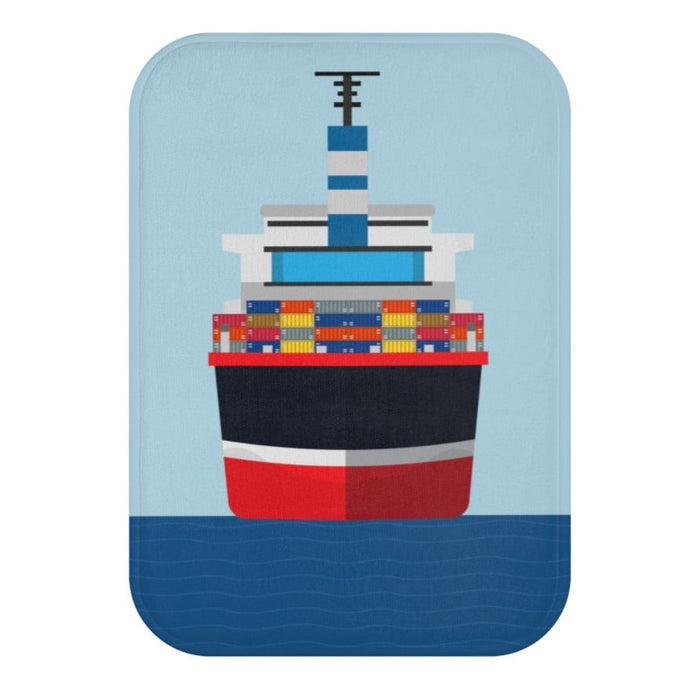 Oceanfront Cargo Vessel Bath Mat: light blue, dark blue cargo ship, cartoon, minimal style