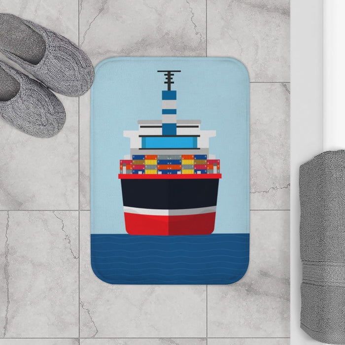 Oceanfront Cargo Vessel Bath Mat: light blue, dark blue cargo ship, cartoon, minimal style