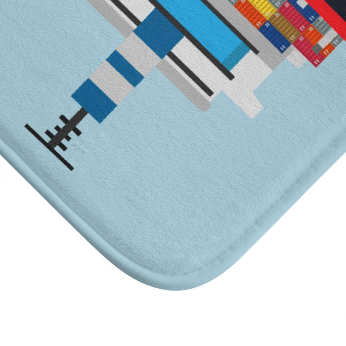 Oceanfront Cargo Vessel Bath Mat: light blue, dark blue cargo ship, cartoon, minimal style