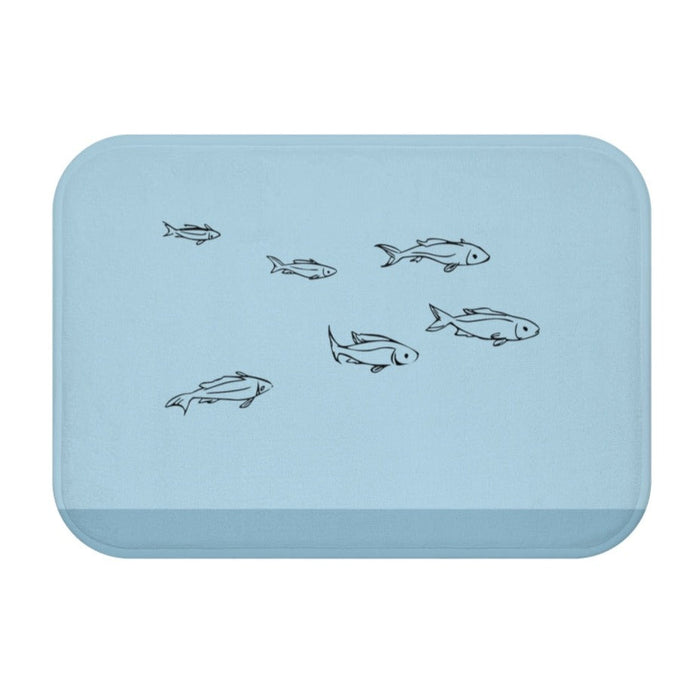 Oceanic Fish Bath Mat: light blue, dark blue-gray fish, minimal cartoon style