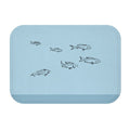 Oceanic Fish Bath Mat: light blue, dark blue-gray fish, minimal cartoon style