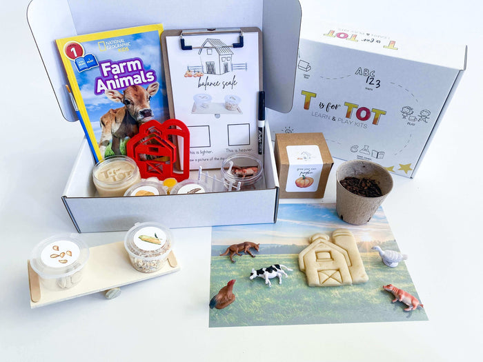 On the Farm play kit for kids with homemade non-toxic playdough and barn playdough cutter. Includes a playdough farm mat, farm animals with a fence, and a balance scale with farm items to weigh. Features a Grow Your Own Pumpkin kit, 'Farm Animals' book, clipboard with farm activities, and a STEAM & Recipe Card.