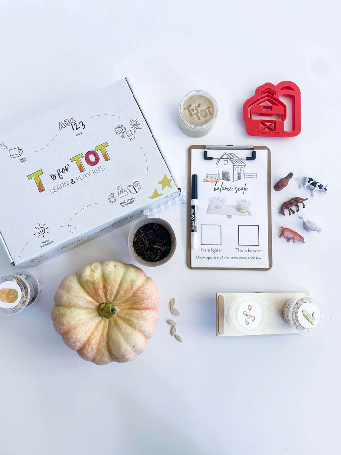Children's farm play kit with non-toxic playdough, barn playdough cutter, and a playdough farm mat with animals. Includes a balance scale, farm-themed clipboard with dry erase marker, and a Grow Your Own Pumpkin kit. Comes with a STEAM & Recipe Card and a brochure with directions.