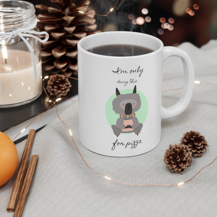 Only Doing This for Pizza Llama Yoga Mug: white, gray cartoon dog meditating with pizza theme, cartoon, kawaii style