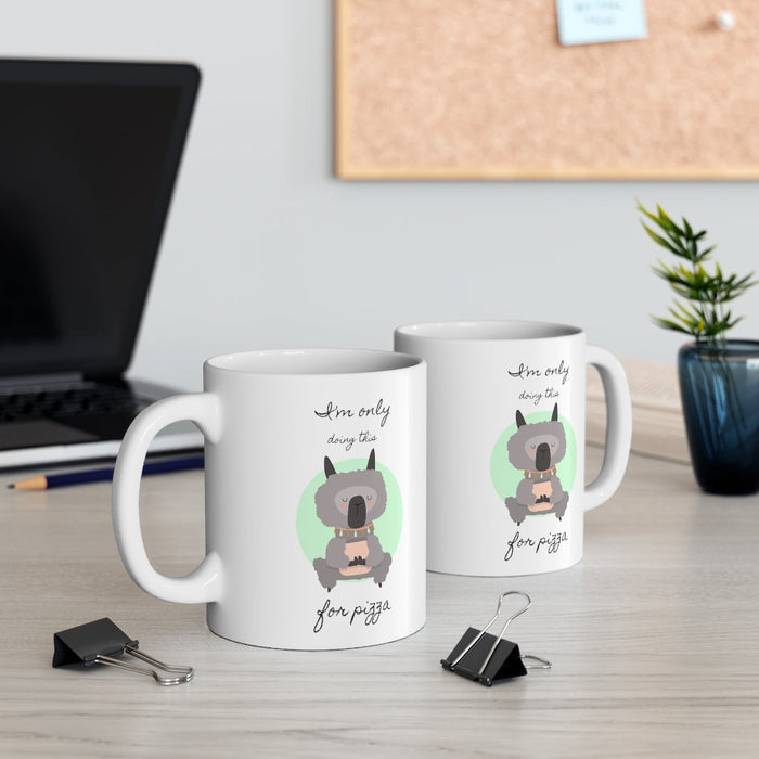 Only Doing This for Pizza Llama Yoga Mug: white, gray cartoon dog meditating with pizza theme, cartoon, kawaii style