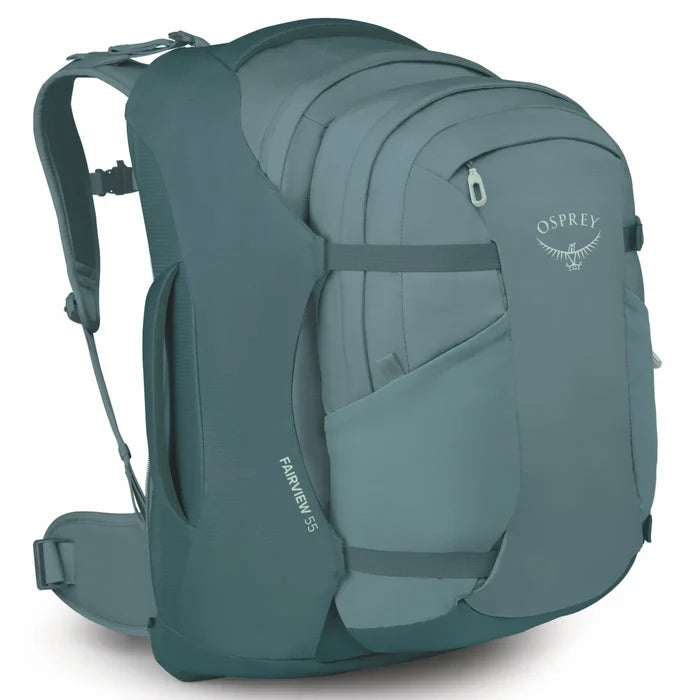 Osprey Farview 55L Women's Travel Pack with Detachable Fairview Day Pack - Cascade Blue/Torrent Blue