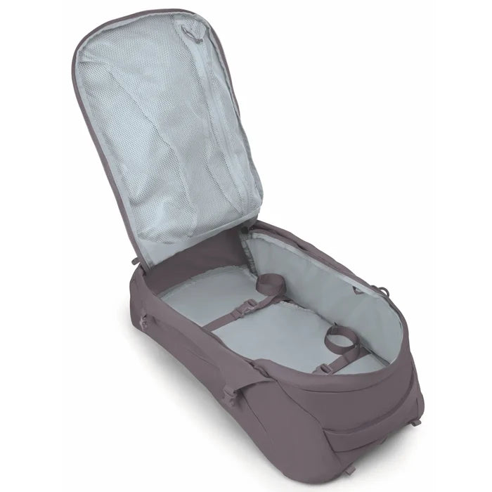 Gray osprey farview 55l travel pack with padded interior and mesh lining perfect for urban travel needs