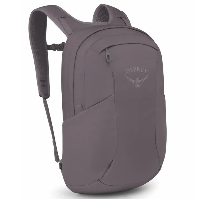 Gray osprey farview 55l women’s travel pack with detachable day pack in graphite purple featuring sleek design and subtle logo